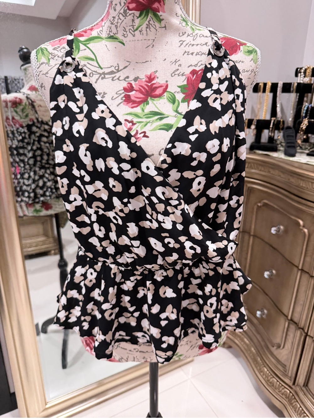 White House Black Market Black & White Floral Print Wrap Peplum Cami